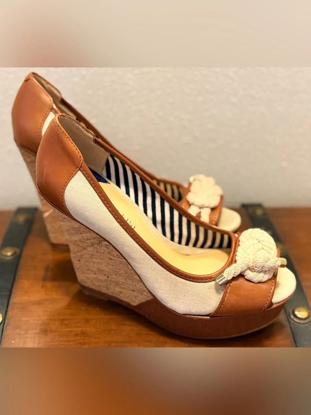 Gianni Bini Cream and Tan Peep-Toe Wedge Heels